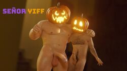 16:9 3d_(artwork) 4k absurd_res arm_around_shoulders balls body_hair chest_hair digital_media_(artwork) erection food fruit genitals gesture hi_res humanoid looking_at_viewer male male/male muscular muscular_male nipples nude penis plant pubes pumpkin pumpkin_head senyoryiff thumbs_up widescreen