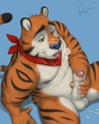 4:5 after_orgasm anthro balls blue_nose bodily_fluids cum cum_on_face felid foreskin frosted_flakes genital_fluids genitals hand_on_penis hi_res kellogg's male male_only mammal mascot mostly_nude muscular nipples nude pantherine penis rov scarf scarf_only solo tiger tony_the_tiger