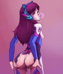 1girls 2d activision ass bigbossrequiem blizzard_entertainment d.va from_behind long_hair nude overwatch pussy simple_background small_breasts spread_ass