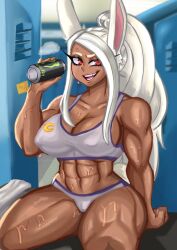 1girls abs big_breasts bottomwear breasts bunny_ears bunny_tail cleavage erect_nipples female female_only gym gym_uniform hair huge_breasts miruko monster_energy_drink muscles muscular muscular_female my_hero_academia ponytail red_eyes rumi_usagiyama soleilly solo solo_female steam sweat sweatdrop tail thick_thighs thighs thunder_thighs topwear white_hair