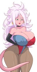 android_21 android_21_(good) bimbo bio-android_(dragon_ball) blue_eyes bunnysuit dragon_ball dragon_ball_fighterz hoop_earrings huge_breasts lipstick majin majin_android_21 pantyhose pink_skin toshiso vomi_(cosplay) white_hair