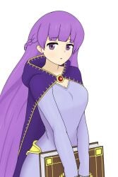 1girls bangs book braid breasts cape cleavage female female_only fire_emblem fire_emblem:_the_binding_blade large_breasts long_hair looking_at_viewer nintendo open_mouth purple_eyes purple_hair solo sophia_(fire_emblem) very_long_hair white_background wide_hips yoshio_hentai