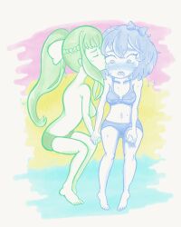 2girls @_@ blue_bra blue_panties blush boobs bow bra breasts_out_of_clothes breasts_outside closed_eyes doki_doki_literature_club drool drooling duo female female_only flustered green_panties handholding holding_hands kissing kissing_cheek kissing_partner lesbian monika_(doki_doki_literature_club) multiple_girls no_bra open_mouth panties ponytail saliva sayonikae sayonikae_(artist) sayori_(doki_doki_literature_club) white_bow yuri