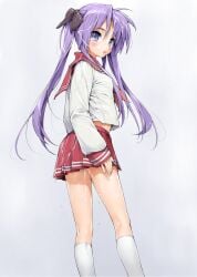 blue_eyes bow bukkake cum cum_on_clothes cum_on_hair cum_on_legs facial female grey_background hair_ribbon hairbow ishikei kagami_hiiragi knee_socks kneehighs kneepits kneesocks legs lips long_hair long_legs looking_back lucky_star midriff pleated_skirt purple_hair red_sailor_collar ribbon ryouou_school_uniform sailor_collar school_uniform serafuku simple_background skirt smile socks solo thighs tsurime twintails white_background white_socks young