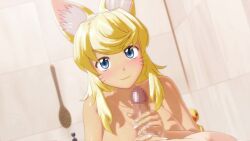 16:9 1boy 1girls 3d animal_ears animated bath bathing bathroom bathtub blonde_hair blue_eyes breasts cum dark-skinned_female dark_skin ejaculation female game hi_res japanese_dialogue japanese_language large_breasts light-skinned_male liru longer_than_30_seconds nipples paizuri paizuri_lead_by_female pink_nipples renkin_san-kyuu_magical_pokaan seismic sound thick_thighs video wide_hips wolf wolf_ears wolf_girl wolf_tail yellow_fur yellow_hair