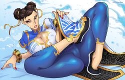 1girls asian asian_female bent_legs big_breasts brown_eyes brown_hair cameltoe capcom chinese_clothes chun-li darkereve eyeliner female female_only hair_buns hi_res looking_at_viewer lying lying_on_back mature_female nipple_bulge pink_lips red_nail_polish solo street_fighter street_fighter_6 thick_thighs