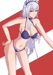 1girls azur_lane belfast_(azur_lane) belly_button big_breasts blush breasts cleavage female female_only freed_turing light-skinned_female light_skin purple_eyes royal_navy_(azur_lane) solo white_hair