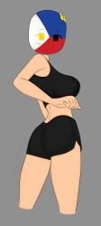 1girls big_ass big_breasts black_bra black_shorts blush countryhumans countryhumans_girl flawsystyle grey_background gym_clothes gym_shorts ihavenohorns looking_at_viewer looking_back national_personification philippines_(countryhumans) solo solo_female turning_around