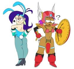 2girls ass bikini_armor bunnysuit cartoon_network clothing costume crossover dark-skinned_female dragon_quest dragon_quest_iii enid enid_mettle full_body incogneato jester_(dq3)_(cosplay) long_hair mighty_magiswords ok_k.o.!_let's_be_heroes shield skimpy_armor small_breasts soldier_(dq3)_(cosplay) squiggle sword unconvincing_armor vambre_warrior white_background winged_helmet