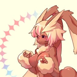 1girls black_sclera blonde_hair breasts cropped female female_only hi_res light_blush looking_at_viewer lopunny masvino medium_hair narrowed_eyes nintendo pokémon_(species) pokemon pokemon_(species) pokemorph red_eyes side_view smiling smiling_at_viewer solo upper_body