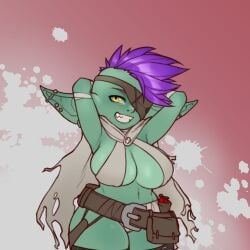 1girls arms_behind_head big_breasts eyepatch female female_only goblin goblin_female gobtober green-skinned_female green_skin imaginaricide looking_at_viewer mohawk_(hairstyle) narrowed_eyes pointy_ears purple_hair shortstack slit_pupils smiling smiling_at_viewer solo teeth_showing thick_thighs weaponized_thickness wide_hips yellow_eyes