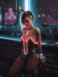 1girls 3d 3d_(artwork) absurd_res absurdres arm_tattoo bar bare_arms bare_shoulders belly_button bodysuit bracelet breast_tattoo bunny_ears bunny_girl bunnysuit cd_projekt_red chest_tattoo cleavage clothed clothed_female clothing cyberpunk_2077 ecksoh female female_focus female_only fishnet fishnet_legwear fishnet_pantyhose fishnets green_hair hi_res highres judy_alvarez leotard mostly_clothed multicolored_hair neck_tattoo necktie neon neon_lights pantyhose pink_hair side_shave small_breasts solo solo_female solo_focus standing stool tattoo tattoo_on_arm tattoo_on_chest tattoo_on_legs tattooed_arm tattoos two_tone_hair