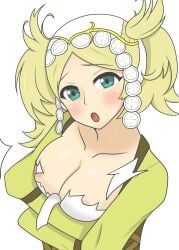 1girls :o accidental_exposure areolae areolae_slip blonde_hair breasts cleavage female female_only fire_emblem fire_emblem_awakening green_eyes large_breasts lissa_(fire_emblem) looking_at_viewer medium_hair nintendo open_mouth seductive shocked solo torn_clothes twintails wardrobe_malfunction white_background yoshio_hentai