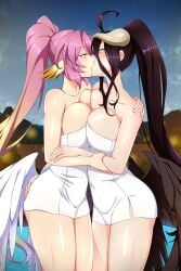 2girls albedo_(overlord) animal_ears breast_press breasts crossover devil horns jibril_(no_game_no_life) kissing lindaroze multiple_girls naked nipples no_game_no_life onsen overlord_(maruyama) pussy succubus succubus_horns succubus_wings symmetrical_docking towel uncensored wings yuri