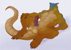 anthro balls bodily_fluids dinosaur erection genital_fluids genitals lying male male_only monster_hunter muscular nebelviper nubbed_penis nude on_back penis precum reptile scalie simple_background smile solo tigrex vein veiny_penis white_background