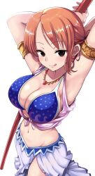 1girls alabasta arm_band arm_bands armpits arms_up big_breasts breasts cleavage clima-tact curvy dancer dancer_outfit dress female female_only harem_outfit kasai_shin nami navel one_piece orange_hair pre-timeskip pre_timeskip seductive short_hair skirt solo tongue_out tummy