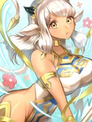 1girls animal_ears armband ash_(fire_emblem) bangs bare_shoulders breasts choker cow_ears cow_girl cow_horns cow_tail cowboy_shot dark-skinned_female dark_skin earrings female female_only fire_emblem fire_emblem_heroes flower gold_trim groin hair_ornament highres horns jewelry large_breasts liszodow long_hair looking_at_viewer nintendo pelvic_curtain pout pouty_lips solo tail v-shaped_eyebrows wide_hips yellow_eyes youhei_choregi