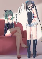 2girls black_one-piece_swimsuit black_socks bondage fishnet_socks fishnet_thighhighs gag gagged green_eyes green_hair grey_hair highres kantai_collection leather multiple_girls nuppunuppu scamp_(kantai_collection) socks swimsuit thigh_socks thighhighs yamakaze_(kantai_collection)