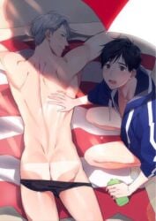 2boys beach cream gay katsuki_yuuri male male/male male_only massage viktor_nikiforov yaoi yuri!!!_on_ice