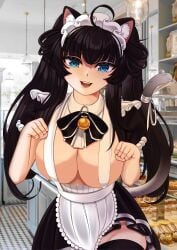 bakery bell_collar black_hair blue_eyes cat_ears cat_tail catgirl cleavage covered_nipples huge_breasts maid paw_pose roblox roblox_avatar skirt source_request sw7gger tagme thighhighs thighs