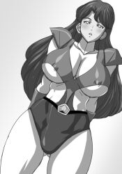 belt blush blushing breasts female gaiking gaiking:_legend_of_daikuu_maryuu greyscale hikawadou hips large_breasts looking_at_viewer midori_fujiyama monochrome nipples simple_background thighs tight_clothing white_legwear