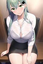 1girls 2022 aqua_hair black_skirt blush breasts button_gap cleavage collarbone female female_focus female_only green_eyes hair_ornament hairclip highres kantai_collection large_breasts long_hair looking_at_viewer office_lady pencil_skirt seat sidelocks sitting skirt smile solo solo_female suzuya_(kantai_collection) table ton_ton_tontoro wide_hips