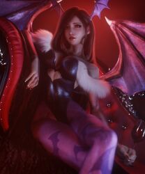 3d big_breasts clothing cosplay crossover_cosplay darkstalkers demon_girl demon_horns demon_wings final_fantasy final_fantasy_vii final_fantasy_vii_remake halloween morrigan_aensland morrigan_aensland_(cosplay) red_eyes red_lipstick ria-neearts small_breasts succubus thick_thighs tifa_lockhart