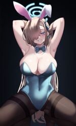 armpits arms_up asuna_(blue_archive) asuna_(bunny)_(blue_archive) asuna_(bunny_girl)_(blue_archive) blonde_hair blue_archive blush brown_pantyhose bunny_ears bunny_girl bunnysuit cleavage female_only hair_over_one_eye happy huge_breasts light_brown_hair long_hair masaki_nanaya mole_on_breast pantyhose playing_videogame smiling solo_focus spread_legs squatting thick_thighs thighband_pantyhose thighs uncensored very_long_hair wide_hips