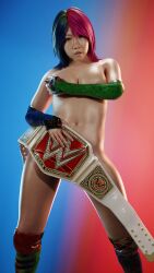 1girls 3d 3d_(artwork) asian asian_female asuka_(wwe_diva) blender blender_(software) blue_hair bottomless brown_eyes celebrity championship_belt cleavage colored_hair covered_nipples facing_viewer female female_only hair hiding_breasts human human_only japanese japanese_female light-skinned_female light_skin looking_at_viewer medium_hair multicolored_hair navel no_bra no_panties no_underwear pink_hair real_person shiny_skin solo standing sussybaka66 topless uncensored urai_kanako wrestler wrestling wrestling_belt wrestling_boots wrestling_outfit wwe wwe_2k wwe_diva wwe_raw_women's_championship_belt wwe_womens_championship_belt