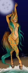 2022 5_fingers anthro blue_eyes breasts calima calima_(character) dappled_fur digital_media_(artwork) equid equine female fingers genitals hair hands_behind_head hi_res hooves kelpie looking_at_viewer mammal multicolored_body multicolored_hair navel pussy raised_leg solo two_tone_body two_tone_hair two_tone_tail water