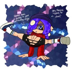 1girls anus artist_request asshole breakdancing octoling octoling_girl purple_hair pussy splatoon splatoon_3 tagme text torn_clothes