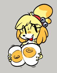 1girls 2022 3:4 alternate_breast_size animal_crossing big_areola big_breasts big_nipples blank_background blush blushing breasts female grey_background gumpad holding holding_breast isabelle_(animal_crossing) looking_at_viewer nintendo nipples squish squishing tagme