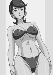 1girls breasts chogattai_majutsu_robot_ginguiser ginguiser greyscale hikawadou hypnosis michi_akitsu monochrome nipples short_hair small_breasts standing swimsuit