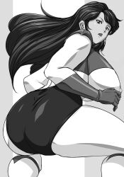 ass belt breasts female gaiking gaiking:_legend_of_daikuu_maryuu greyscale hikawadou hips large_ass large_breasts looking_at_viewer looking_back midori_fujiyama monochrome nipples simple_background squatting thighs tight_clothing white_legwear