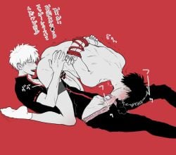 2boys 69 arms_behind_back arms_tied arms_tied_behind_back blowjob blush cbt clothed_male_nude_male fellatio gay gintama gintoki_sakata hijikata_toshiro japanese_text male male_only male_urethral_insertion nuis oral pants_down penis penis_out red_background restricted_palette rope rope_bondage sounding sounding_rod urethral urethral_insertion urethral_penetration yaoi