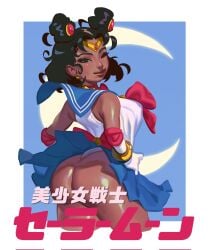 1girls ass back_view bishoujo_senshi_sailor_moon black_eyes black_female black_hair clothing cosplay dark-skinned_female dark_skin female female_only glo-s-s hair_buns hi_res japanese_text looking_at_viewer looking_back megan_thee_stallion narrowed_eyes panties pose sailor_moon_(cosplay) sailor_uniform skirt smiling smiling_at_viewer solo text thick_thighs thong thong_leotard translation_request upskirt white_panties white_thong wind_lift windy_skirt wink winking_at_viewer