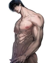 1boy black_hair color e0308r jujutsu_kaisen light-skinned_male looking_at_viewer male_only muscular_male nude nude_male pecs pubic_hair simple_background solo_male toji_fushiguro veins