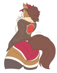 1girls anthro ass ass_focus back_view baseball_cap brown_eyes brown_hair clothed clothing equine female female_only fur furry furry_only hi_res horse_ears horse_tail jacket looking_back narrowed_eyes ponytail rose_(slightlysimian) shorts slightlysimian solo tail thick_ass thick_thighs white_background