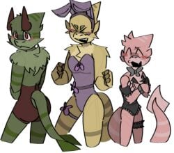 3boys ass blush bunny_ears bunnysuit closed_eyes embarrassed embarrassment furry green_fur horns kaiju_paradise kawaii_shork_(kaiju_paradise) lemon_shork_(kaiju_paradise) markings not_porn pink_fur roblox roblox_game shark shorks_(kaiju_paradise) size_difference watermelon_shork_(kaiju_paradise) yellow_fur