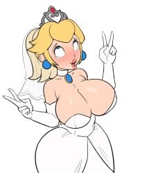 1girls ahe_gao big_breasts big_lips blonde_hair breasts bride earrings embarrassed female female_only grey_impact horny lips mario_(series) nintendo peace_sign pierced_tongue princess_peach royalty super_mario_odyssey tears tears_of_pleasure thick_lips v_sign wedding_dress wedding_peach_(super_mario_odyssey) white_background