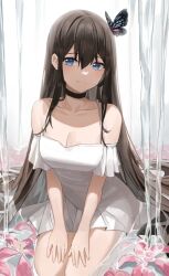 1girls absurdres bangs bare_shoulders black_choker blue_eyes blush breasts brown_hair bug butterfly cleavage closed_mouth collarbone dress flower highres mungduck original