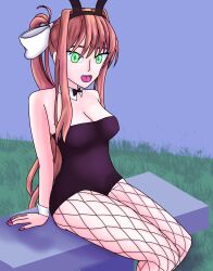 1girls black_bunny_ears black_bunnysuit bow brown_hair bunny_ears bunnysuit collar doki_doki_literature_club female fingernails grass green_eyes halloween halloween_costume looking_at_viewer monika_(doki_doki_literature_club) moritaris nail_polish open_mouth pink_nails ponytail sitting solo white_bow