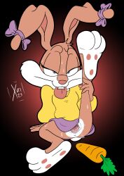 anthro babs_bunny bite bodily_fluids bottomwear clothed clothing clothing_lift feet female gaping gaping_pussy genital_fluids genitals hi_res improvised_dildo improvised_sex_toy lagomorph leporid looking_pleasured mammal paws pussy pussy_juice rabbit raised_bottomwear raised_clothing raised_leg raised_skirt skirt skirt_lift solo sweat sweater tiny_toon_adventures tongue tongue_bite topwear warner_brothers xoti_(artist)