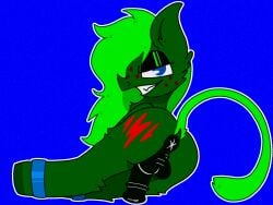 1boy anus ass balls black_penis blue_background blue_eyes cutie_mark cutie_mark_scar dannyballsub equine equine_penis evil_grin feral first_porn_of_character freckles friendship_is_magic green_body green_fur green_hair green_tail hooves horse horsecock laying_down long_hair long_tongue looking_at_viewer male male_only mammal mane my_little_pony nude outline penis pony_town presenting skella_bones smile smiling teeth testicles yocknock youtube youtuber