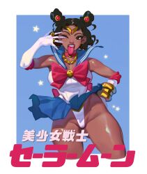1girls bishoujo_senshi_sailor_moon black_eyes black_female black_hair clothing cosplay dark-skinned_female dark_skin female female_only glo-s-s hair_buns japanese_text light_blush looking_at_viewer megan_thee_stallion open_mouth pose sailor_moon_(cosplay) sailor_uniform skirt solo text thick_thighs tongue_out translation_request very_high_resolution wink winking_at_viewer