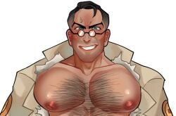 bara bara_tiddies bara_tits bare_chest bare_chested blush booba_(meme) chest chest_hair doctor_sex male_only man_boobs medic_(team_fortress_2) pecs pectorals strong sweat team_fortress_2