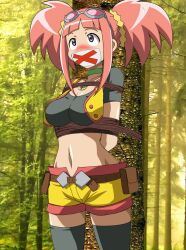 arms_tied_behind_back blush bondage dinosaur_king female gag gagged pink_hair purple_eyes tape_gag third-party_edit tied_to_tree wanderer_(furafuradou) zoe_drake