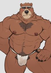 absurd_res adios anthro asian_clothing blush body_hair bulge chest_hair clothing east_asian_clothing fundoshi happy_trail hi_res japanese_clothing looking_at_viewer male mammal muscular nipples one_eye_closed pubes solo underwear ursid