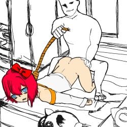 ambiguous_penetration anon bed bedroom blue_eyes bow choking closet cow_horns cow_plush dead dead_face death doki_doki_literature_club female_death from_behind from_behind_position guro holding_rope horns mr.cow necrophilia no_panties no_shorts noose plush postmortem_molestation red_bow red_hair rope sayori_(doki_doki_literature_club) squatting suicide window 柳_(artist)