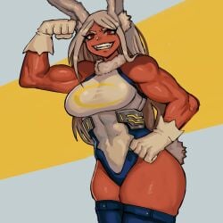 1girls bunny_ears bunny_girl bunny_tail dark-skinned_female dark_skin ezzyecchi female female_only flexing flexing_bicep fully_clothed gloves hero_outfit_(mha) legs_together legwear leotard long_hair looking_at_viewer miruko muscular muscular_female my_hero_academia red_eyes rumi_usagiyama smiling smiling_at_viewer solo teeth_showing thick_thighs thigh_squish very_high_resolution white_hair